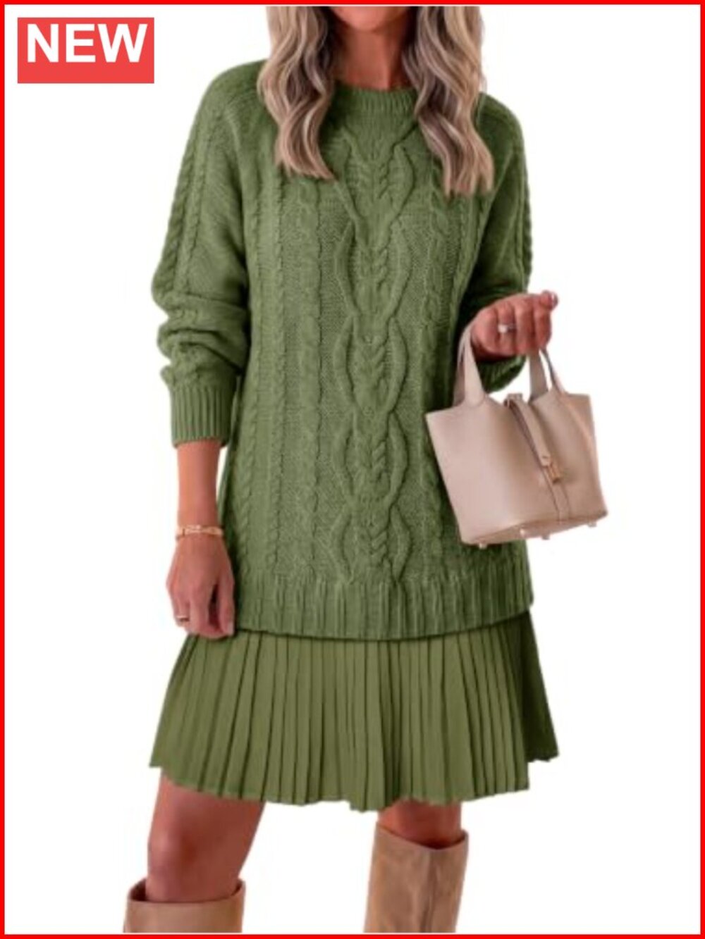 Chunky Cable Knit Sweater Dress Pleated Patchwork Long Sleeve Crewneck